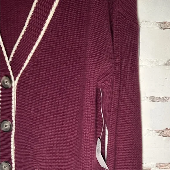 Old Navy Women's Maroon Button-Front Cardigan with Cream Trim - Picture 5 of 10